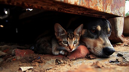 A dog and cat nestled together under a rusty metal structure