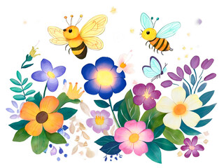 Enchanting Floral Arrangement with Playful Bees and Butterflies for a Mystical Springtime Celebration in a Whimsical Garden Illustration