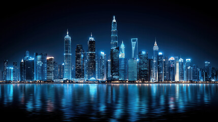 Fototapeta premium Stunning cityscape at night showcases skyline of glowing skyscrapers reflecting on calm water, creating serene and futuristic atmosphere
