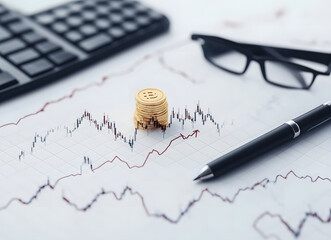 Fototapeta premium Economic Risk of Banking Instability Recession. Financial analysis with coins, graphs, and office tools.
