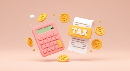 Pink Calculator, Tax Receipt, and Gold Coins Floating on Peach Background: 3D Finance Concept
