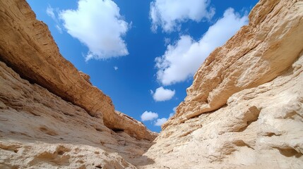 A breathtaking view of a narrow canyon surrounded by rocky cliffs under a clear blue sky adorned with fluffy clouds.