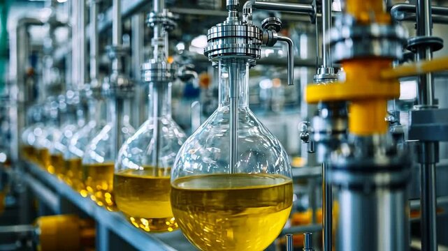 Oil extraction process in a modern industrial facility showcasing glass vessels and machinery