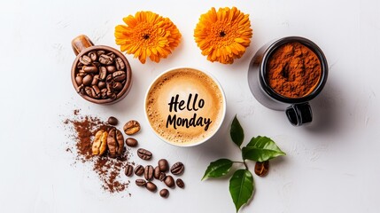 A cozy coffee setup with flowers and a motivational message. Hello Day Hello Monday