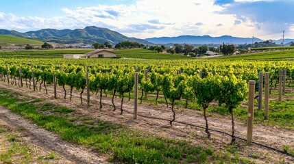 Breathtaking aerial view of a vineyard with majestic mountains in the background against a clear blue sky