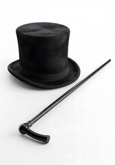 Elegant black top hat and magic wand arranged on a plain background in a minimalist setting ideal for a magician's performance. wallpaper, a black top hat and a black cane resting on a white backgroun