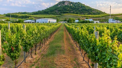 Scenic aerial view of a vineyard with majestic mountains in the background and lush green grapevines below
