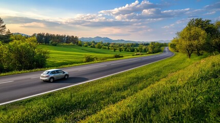 Aerial perspective of a car navigating along a quiet road with scenic surroundings of nature and open fields