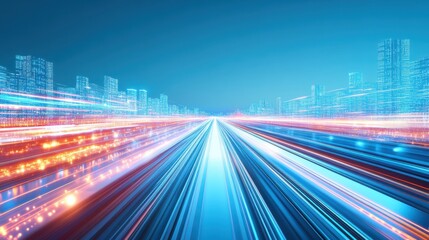 Fototapeta premium A dynamic, abstract cityscape with streaks of light representing speed and technology, showcasing a futuristic urban environment.