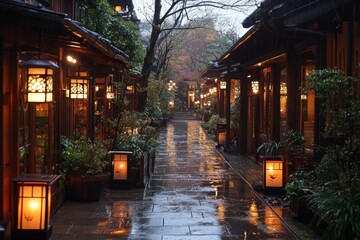 Traditional Japanese alley with lanterns and wooden buildings on rainy evening