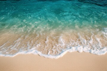 Tropical turquoise sea gently meeting smooth golden sand under soft sunlight