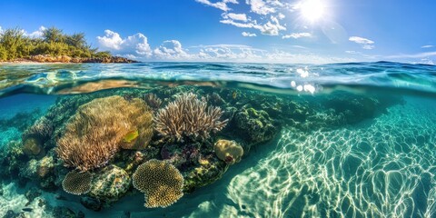 Obraz premium Underwater scene showcasing vibrant coral reefs and sunlight filtering through clear water.