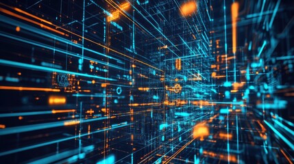 Fototapeta premium A vibrant, digital landscape showcasing blue and orange lines and structures, representing advanced technology and data flow in a futuristic environment.