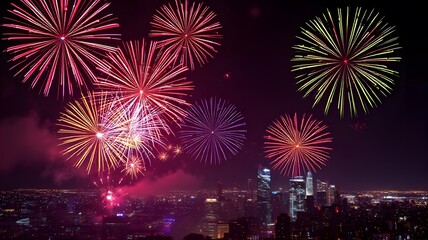 Spectacular fireworks display celebrating new year 2023 over city skyline nighttime aerial view festive atmosphere