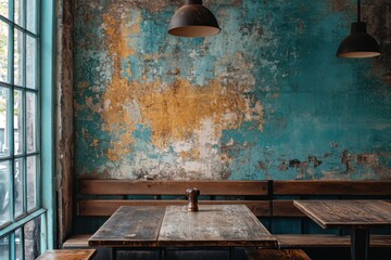 Distressed blue wall with peeling paint in vintage rustic interior