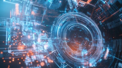 A vibrant digital interface showcases intricate patterns and glowing elements, representing advanced technology and data visualization.