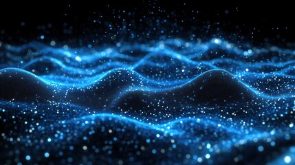 Fototapeta premium A mesmerizing abstract image featuring glowing blue waves and sparkling particles against a dark background, evoking a sense of depth and tranquility.
