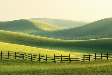 Rolling green hills with distant wooden fence under bright sunny sky