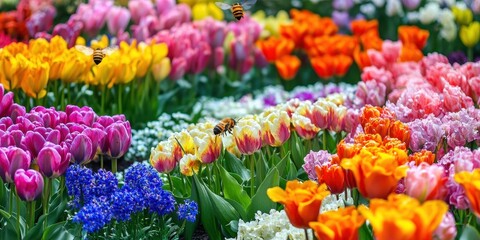 A vibrant garden filled with colorful tulips and bees, showcasing nature's beauty.