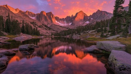 Mountain lake reflecting vibrant sunset, serene alpine scene