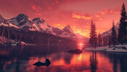 Snowy mountain lake reflecting fiery sunset