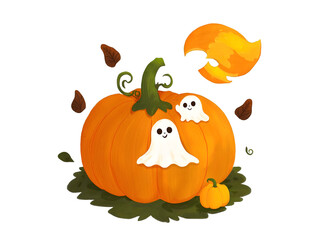 Enchanting Halloween Illustration, Tiny Ghosts Adorning a Vibrant Pumpkin Amidst Falling Autumn Leaves and a Whimsical Moonlit Sky Decoration