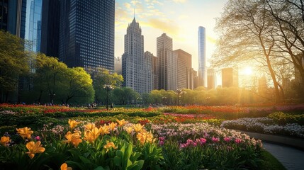Fototapeta premium A vibrant city park filled with colorful flowers against a backdrop of skyscrapers at sunset.