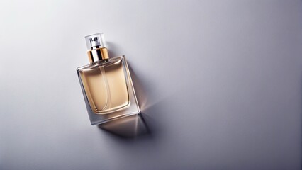 Aerial Shot of Perfume in Over-the-Shoulder Perspective on Solid Color Backdrop with Clean Look and Copy Space for Design Elements