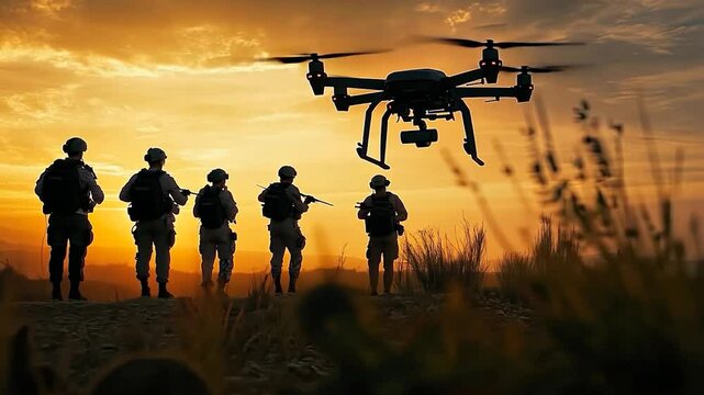 Soldier remotely controls drone flying for enemy surveillance, security forces attack with military copter. 