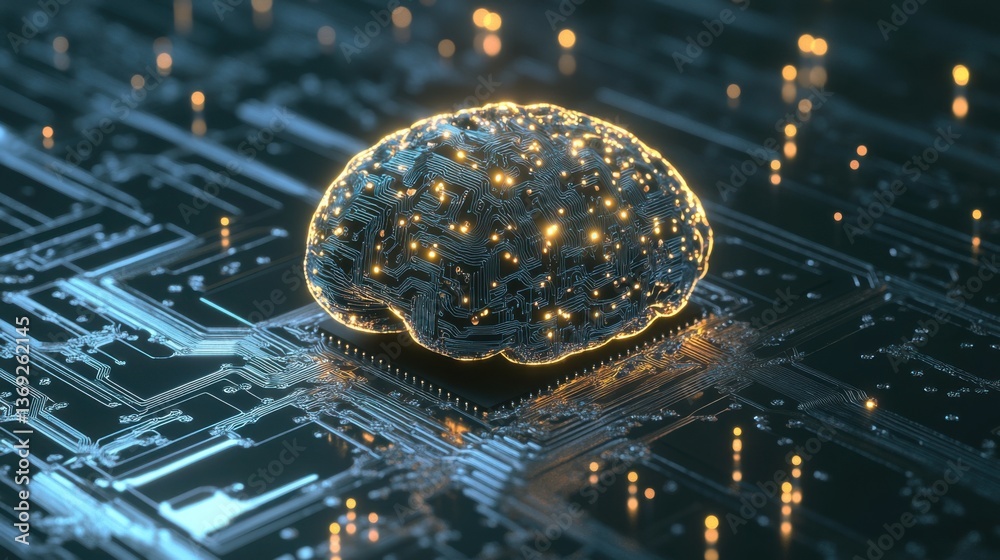 Poster a digital representation of a brain made of circuits, symbolizing the intersection of technology and