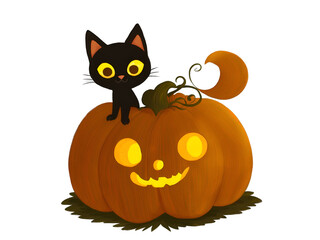 Enchanting Halloween Night, An Adorable Black Cat with Luminous Eyes Perched atop a Glowing Jack-o'-Lantern in a Whimsical Illustration