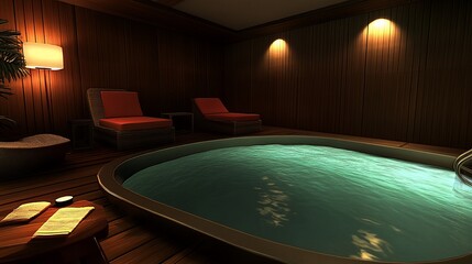 Relaxing spa interior at night.  Wooden walls, lounge chairs, hot tub