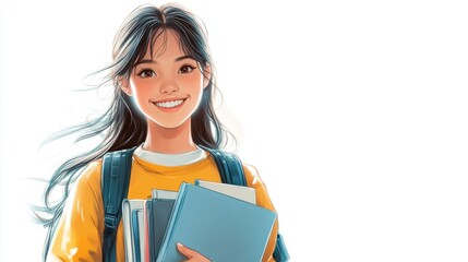 Obraz premium A cheerful young girl with long hair holds books, wearing a yellow shirt and a backpack, embodying a student ready for learning.