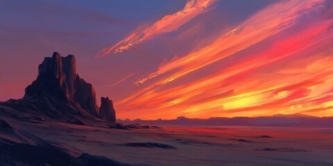 Fototapeta premium A stunning sunset over a desert landscape with dramatic clouds and rocky formations.