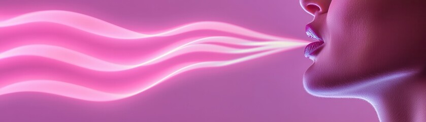 A close-up of a person's lips exhaling colorful, swirling vapor against a vibrant pink backdrop, creating an artistic and dynamic visual effect.