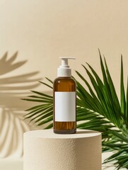 Brown Bottle with Pump on Podium Displaying Natural Skincare Concept