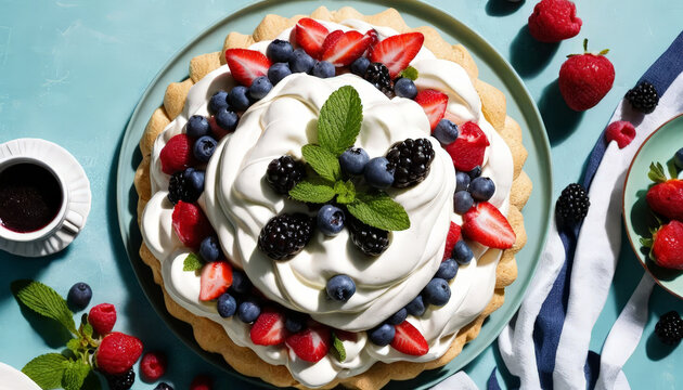 Delicious dessert featuring creamy cake topped with fresh strawberries, blueberries, and blackberries, garnished with mint leaves, evoking sense of indulgence and freshness