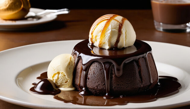 Decadent chocolate dessert with molten center, topped with vanilla ice cream and drizzled with chocolate sauce, creating delightful indulgence for chocolate lovers
