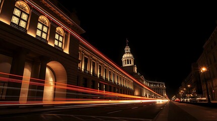 Obraz premium Night cityscape, illuminated buildings, city street, motion blur