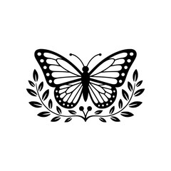Elegant Butterfly Emblem with Laurel Wreath - Black and White Vector