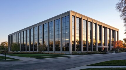 Modern glass-fronted building with a landscaped exterior at sunset.
