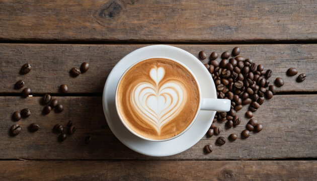 beautifully crafted latte with heart shaped design sits on rustic wooden table, surrounded by roasted coffee beans, creating warm and inviting atmosphere