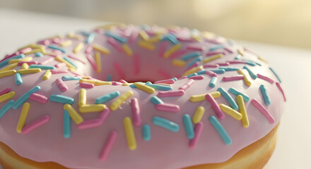 Obraz premium Pink Glazed Donut With Colorful Sprinkles