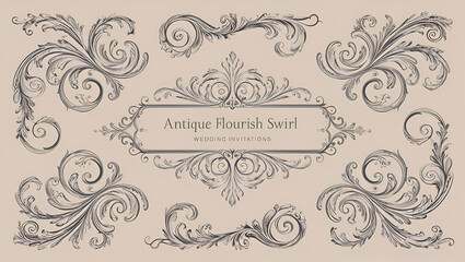 a refined set of vintage swirl accents, showcasing elegant and decorative flourishes, ideal for formal invitations, luxury branding, and artistic embellishments.