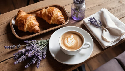 Fototapeta premium cozy coffee scene featuring cup of latte art, two golden croissants on wooden tray, and sprig of lavender, creating warm and inviting atmosphere