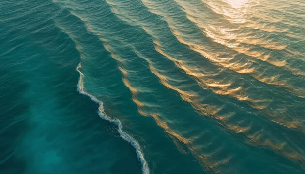 tranquil ocean waves create mesmerizing pattern, reflecting golden sunlight. serene blue water invites relaxation and contemplation, showcasing nature beauty