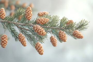 Lush cedar branch with vibrant green needles and pine cones, creating serene and natural atmosphere. Perfect for nature themed designs and seasonal decor