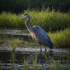 Naklejka premium A great blue heron wading in the marsh, tall grass swaying around it.