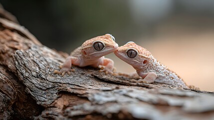 Two Adorable Baby Geckos on Tree Bark Close Up Shot