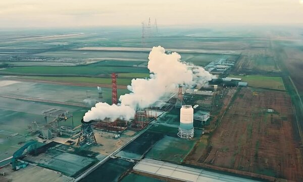 Thick smoke from factory. Chemical plant outdoors. Harmful manufacturing releases dangerous vapor into the air. Pollution of the environment. Aerial view.